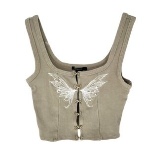 Ribbed Tank Crop Top Small Butterfly Embroidered Y2K Concert Coquette Festival